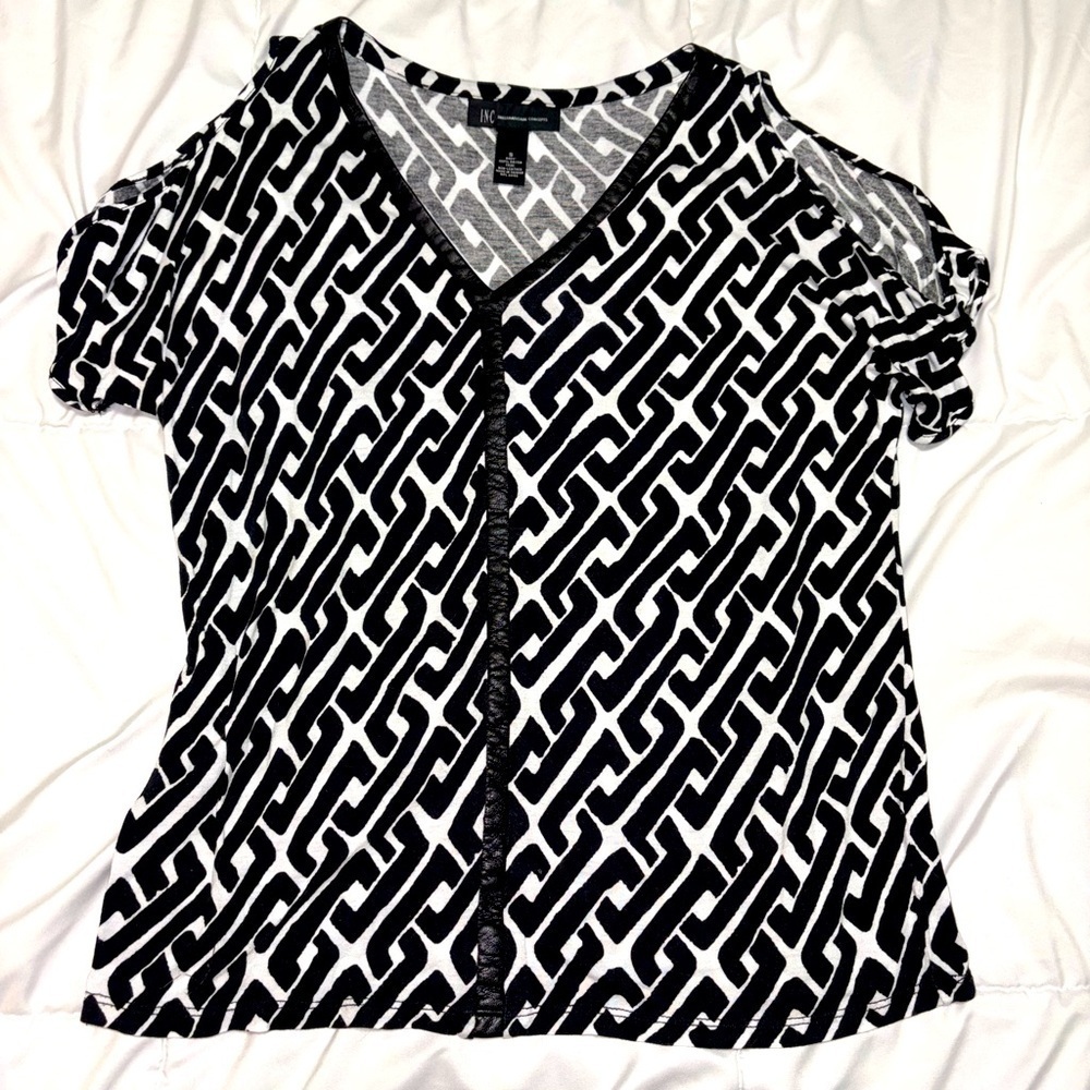 Inc vivacous blouse top leather trim small black white international concepts